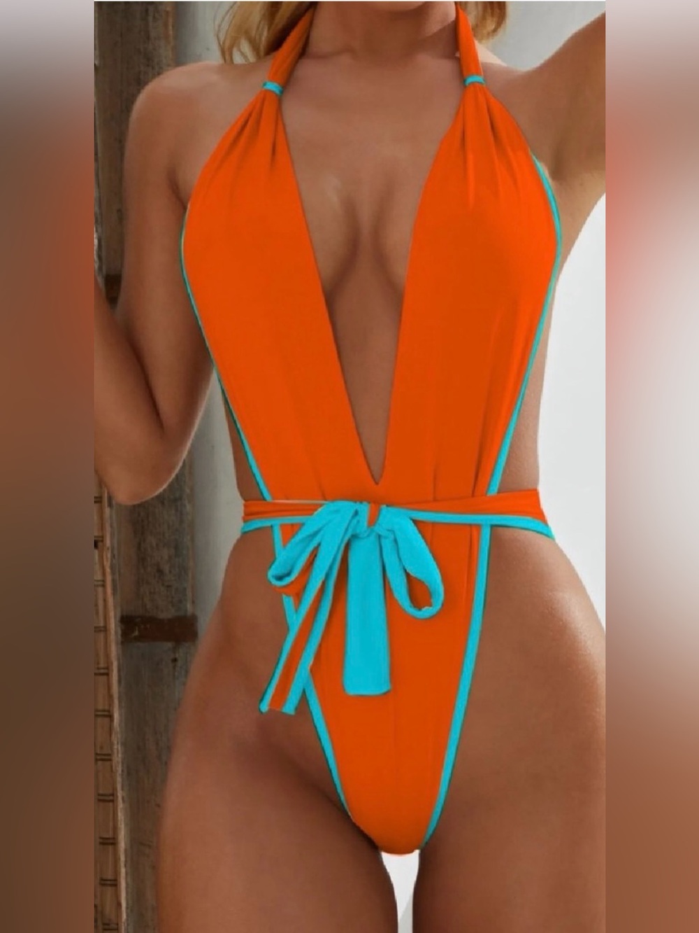 One Piece Swimsuit - Orange with Turquoise Trim